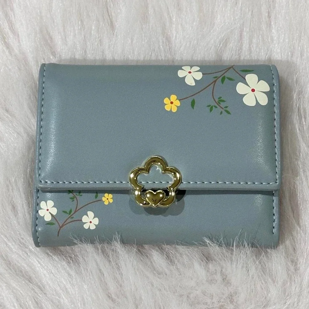 Small Trifold Wallet Dusty Blue Floral Gold Flower Clasp Zip Pocket